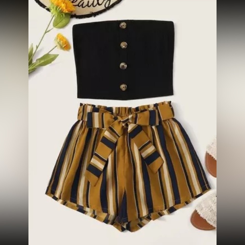 Black Top and Striped Shorts Set